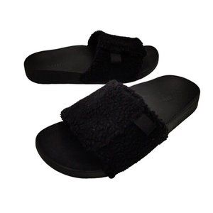 Vionic Women's Keira Black Faux Fur Slide Comfort Sandal Slippers Sz 7 Flip Flop